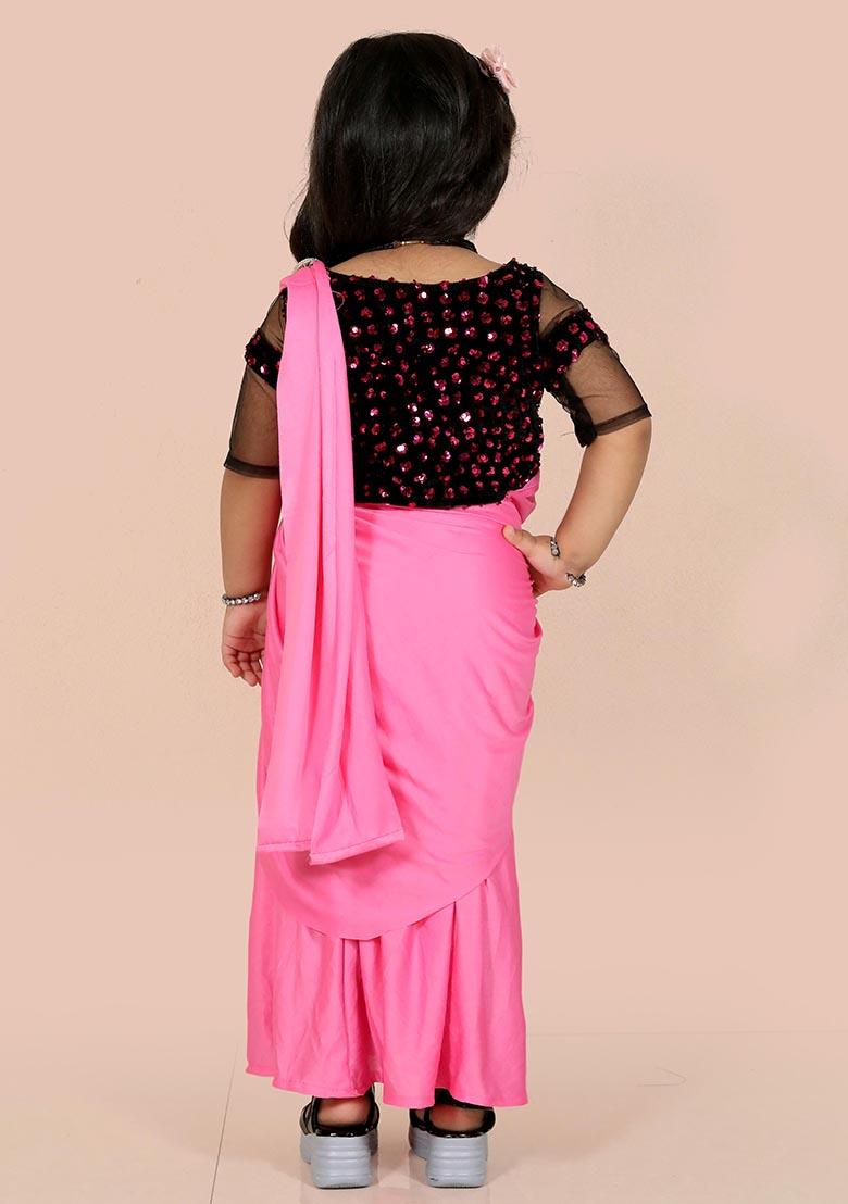 Pink Embellished And Sequined Poly Blend Saree Set For Girls
