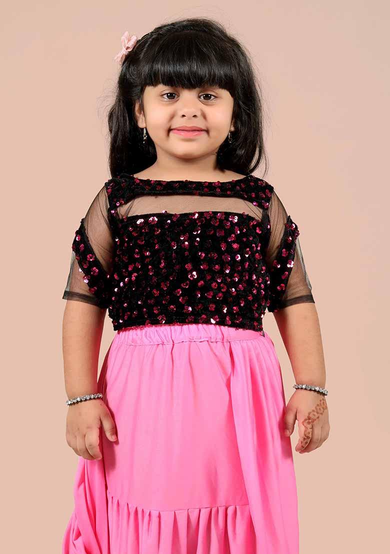 Pink Embellished And Sequined Poly Blend Saree Set For Girls