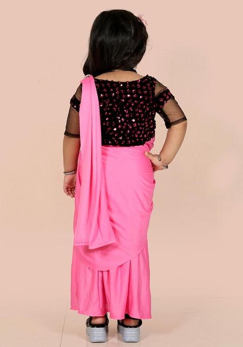 Pink Embellished And Sequined Poly Blend Saree Set For Girls