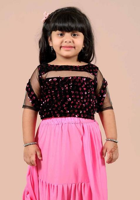 Pink Embellished And Sequined Poly Blend Saree Set For Girls