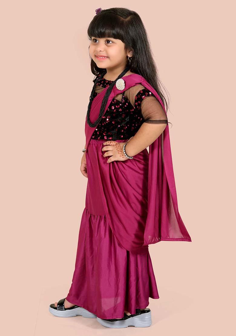Wine Embellished And Sequined Poly Blend Saree Set For Girls