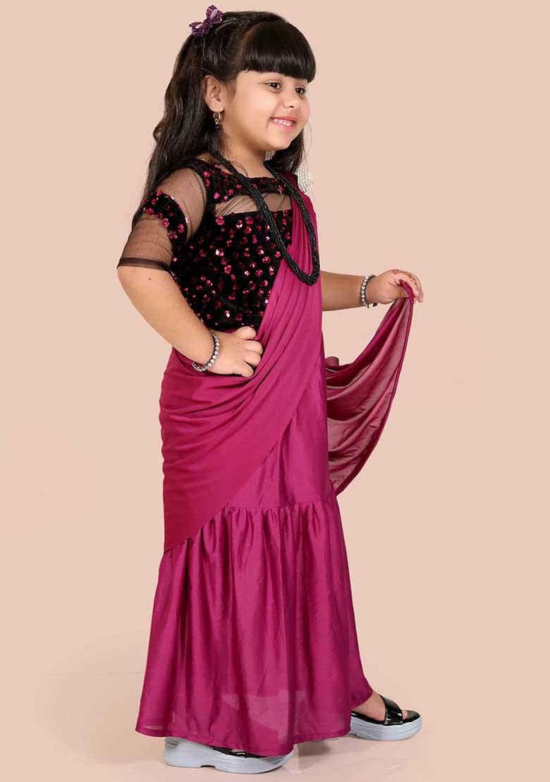 Wine Embellished And Sequined Poly Blend Saree Set For Girls