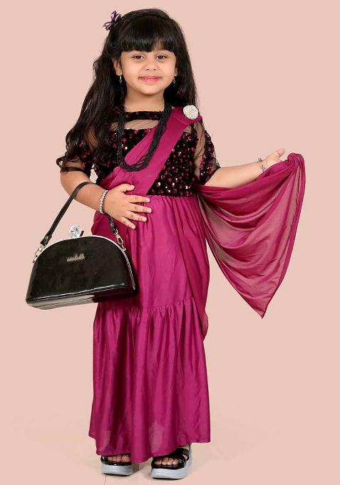 Wine Embellished And Sequined Poly Blend Saree Set For Girls