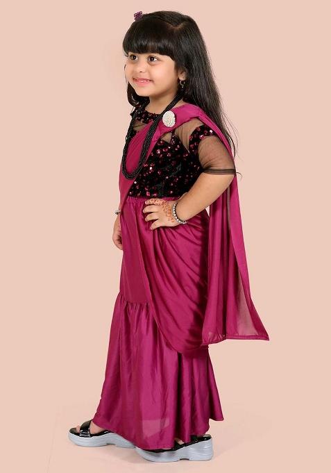 Wine Embellished And Sequined Poly Blend Saree Set For Girls