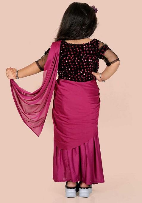 Wine Embellished And Sequined Poly Blend Saree Set For Girls