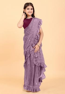 Wine Embellished And Sequined Poly Blend Saree Set For Girls