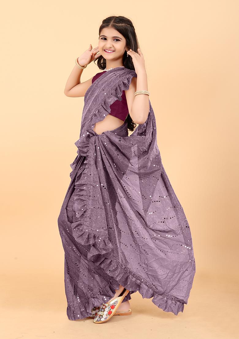 Wine Embellished And Sequined Poly Blend Saree Set For Girls