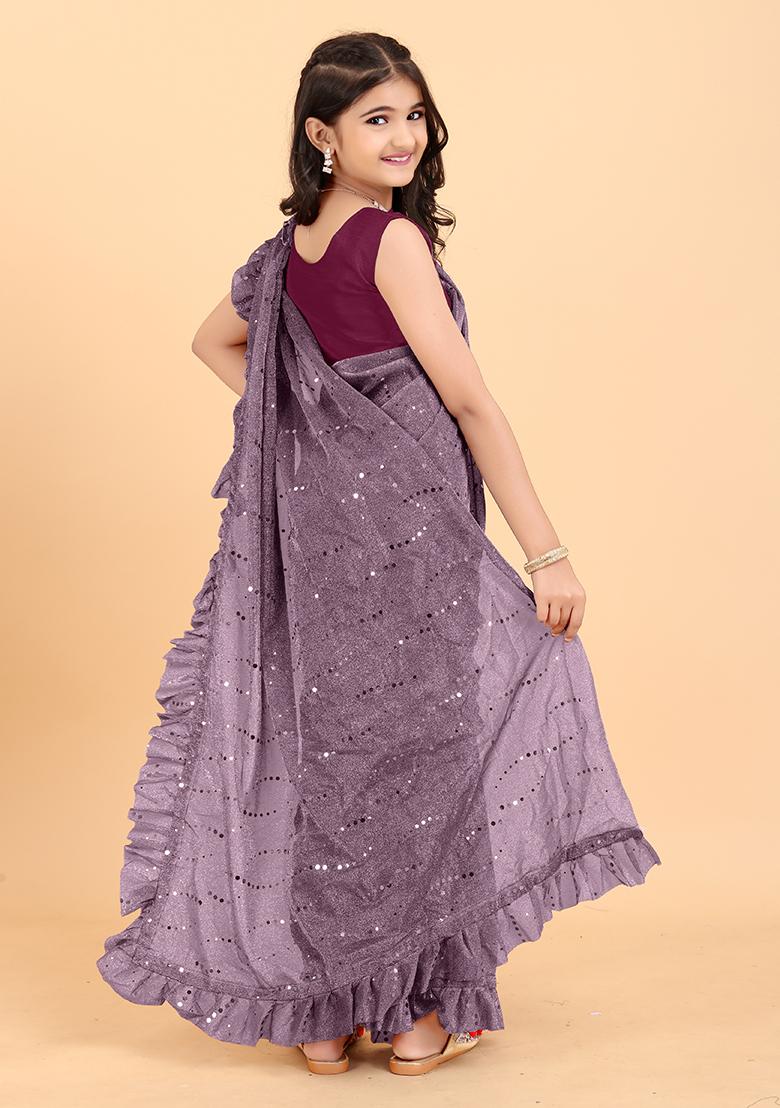 Wine Embellished And Sequined Poly Blend Saree Set For Girls