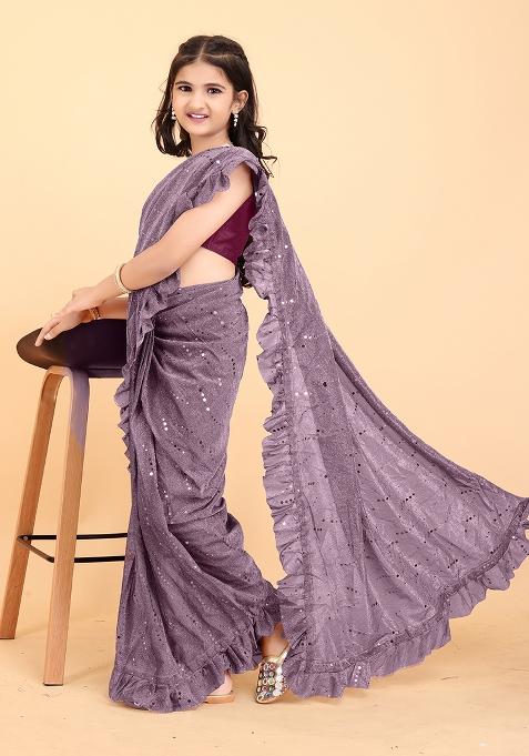 Wine Embellished And Sequined Poly Blend Saree Set For Girls