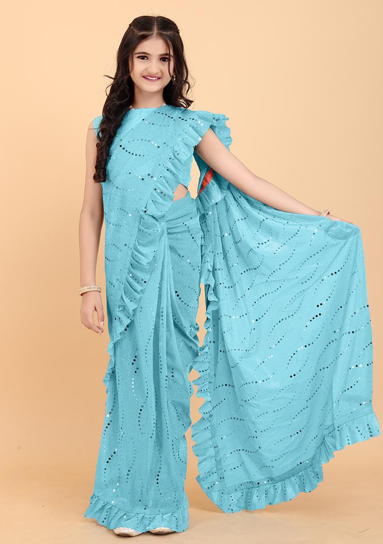Skyblue Embellished And Sequined Poly Blend Saree Set For Girls