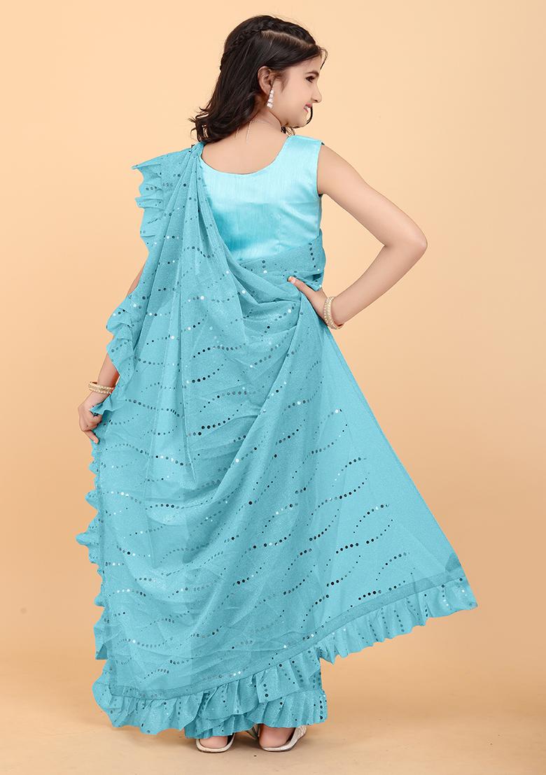 Skyblue Embellished And Sequined Poly Blend Saree Set For Girls