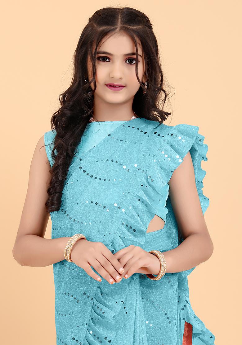 Skyblue Embellished And Sequined Poly Blend Saree Set For Girls