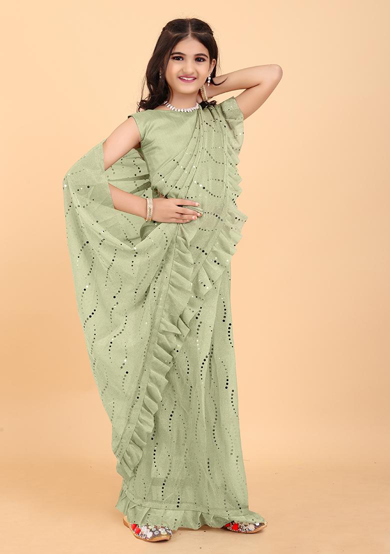 Pista Green Embellished And Sequined Poly Blend Saree Set For Girls