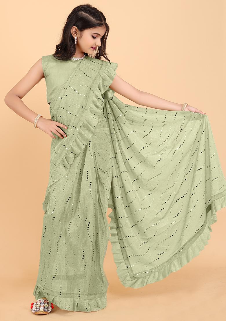 Pista Green Embellished And Sequined Poly Blend Saree Set For Girls