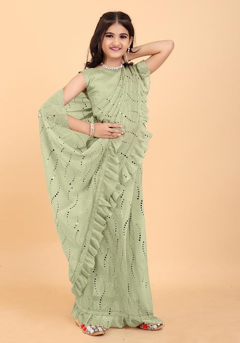 Pista Green Embellished And Sequined Poly Blend Saree Set For Girls