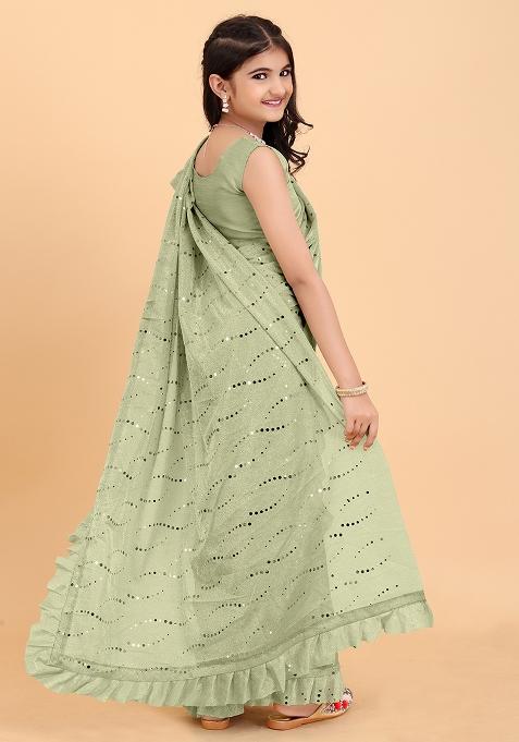 Pista Green Embellished And Sequined Poly Blend Saree Set For Girls