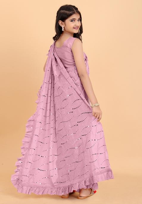Pink Embellished And Sequined Poly Blend Saree Set For Girls
