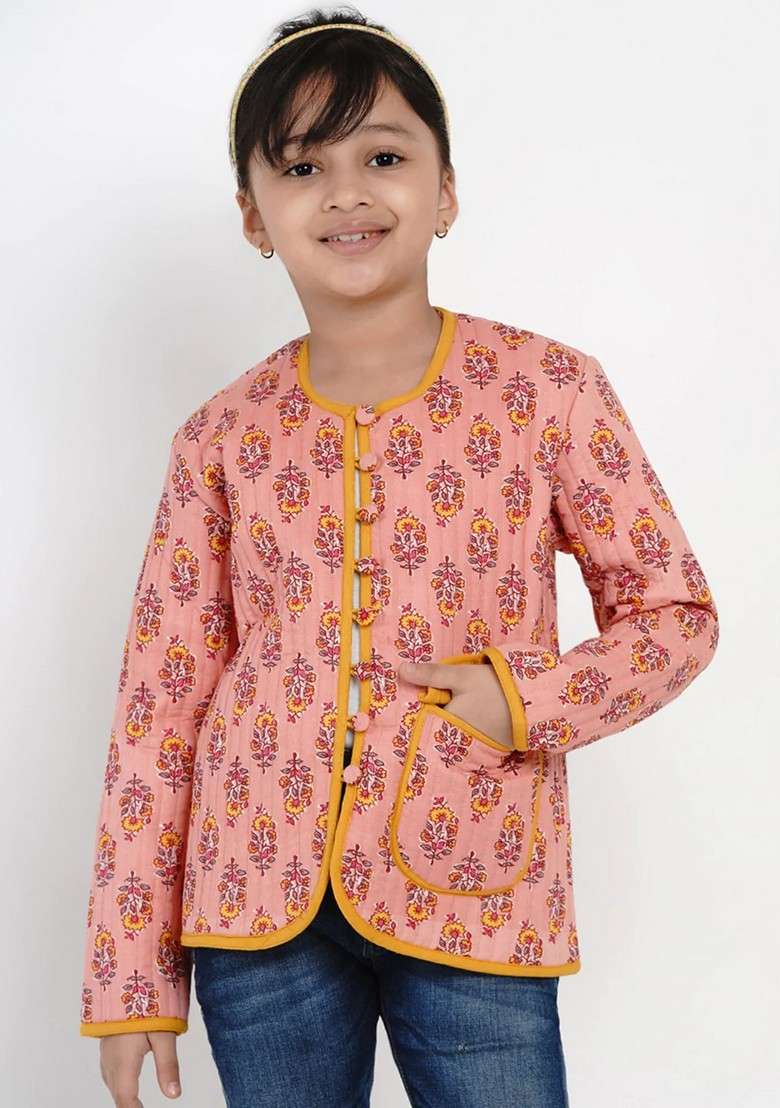 Peach Printed Cotton Jacket - Indya
