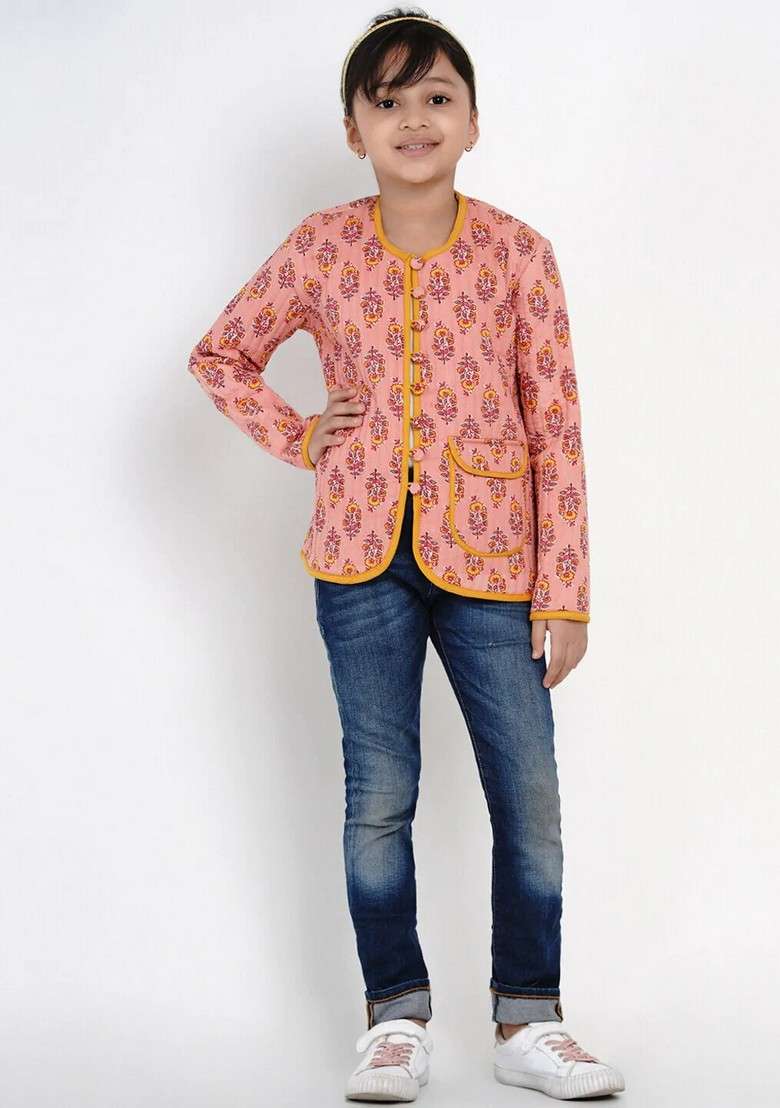 Peach Printed Cotton Jacket - Indya