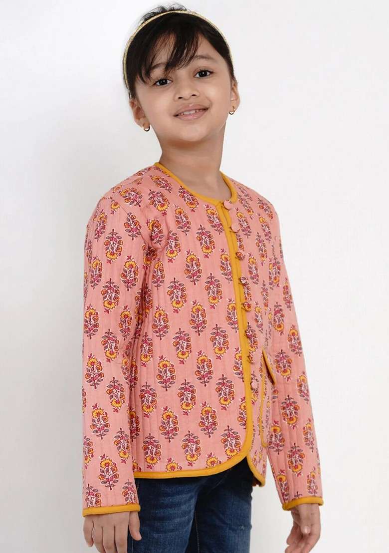 Peach Printed Cotton Jacket - Indya