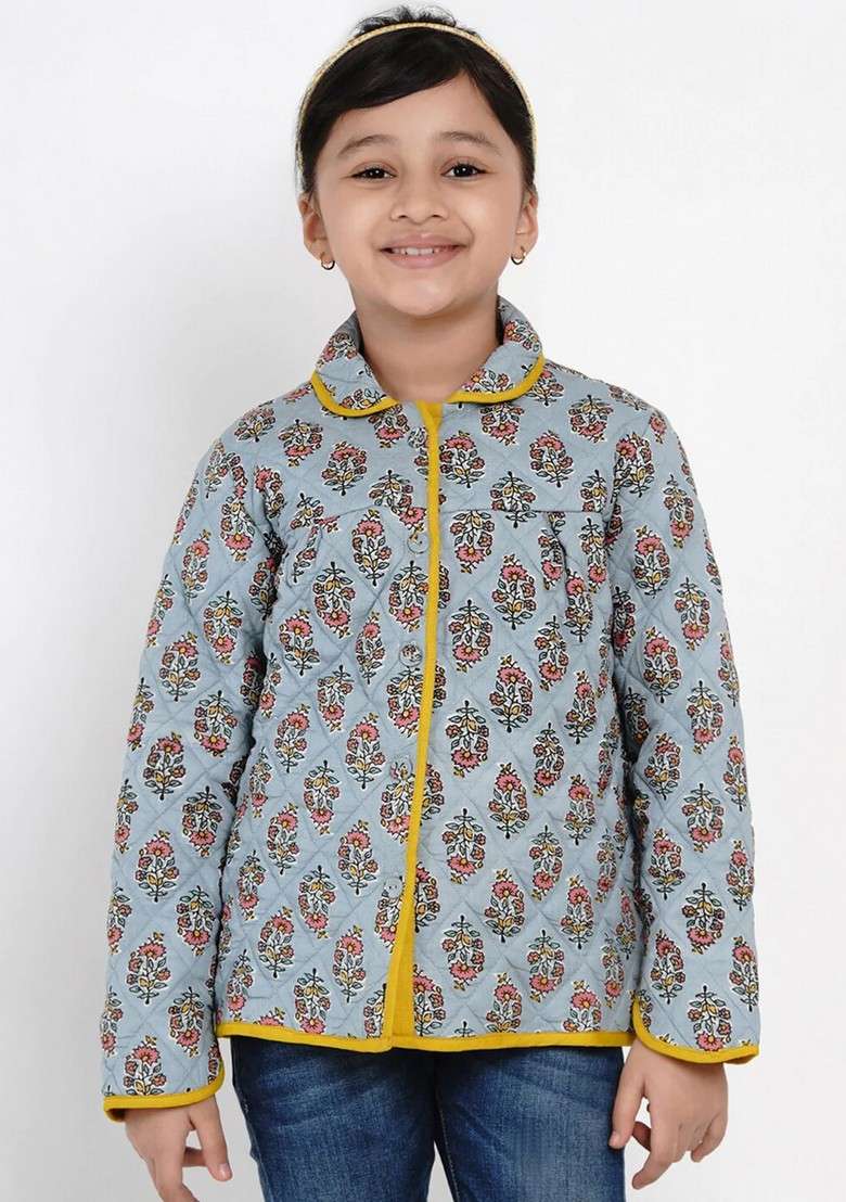 Grey Printed Cotton Jacket - Indya