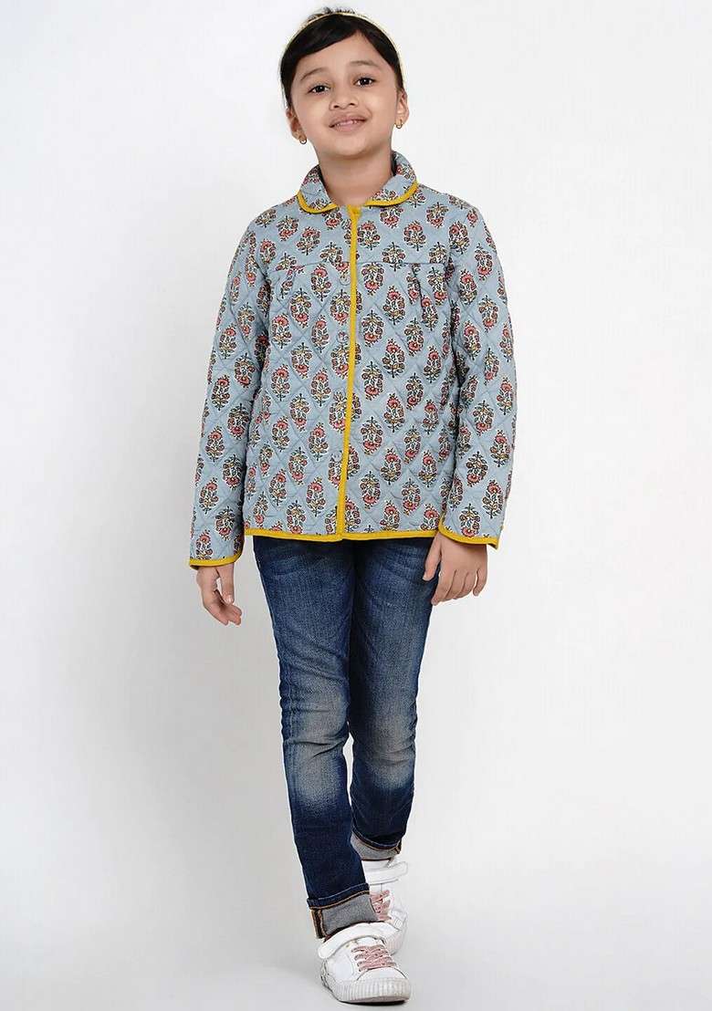 Grey Printed Cotton Jacket - Indya