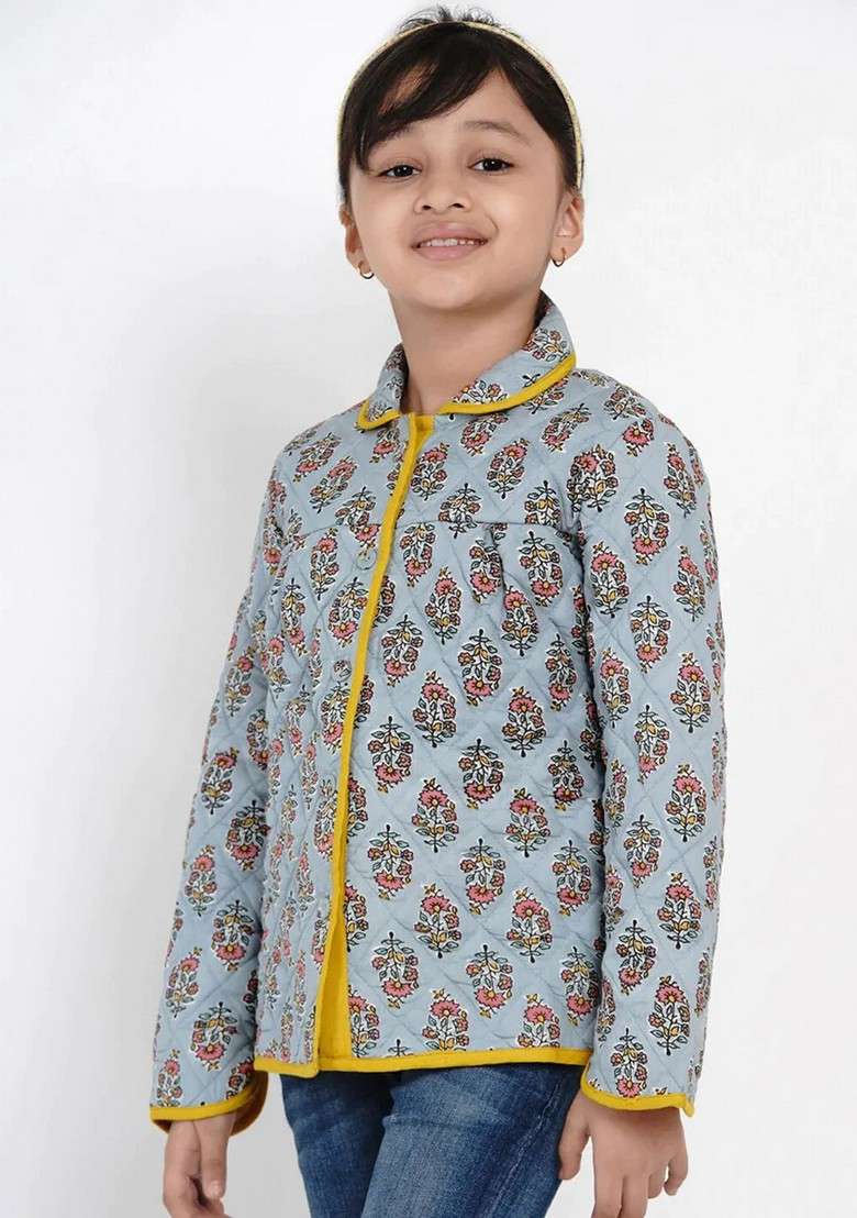 Grey Printed Cotton Jacket - Indya