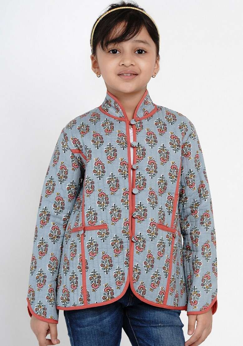 Grey Printed Cotton Jacket - Indya