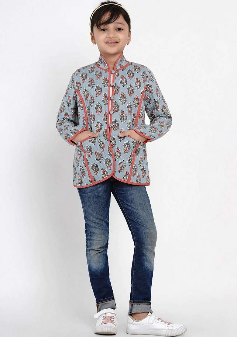 Grey Printed Cotton Jacket - Indya