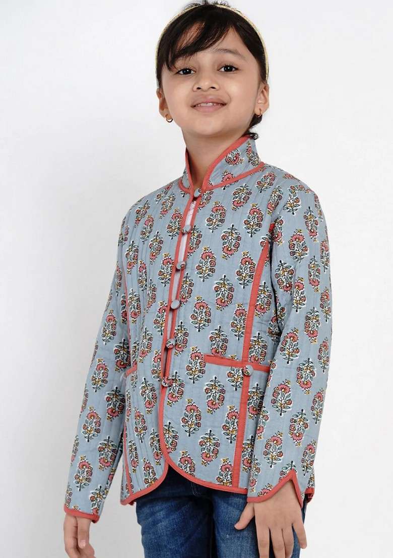 Grey Printed Cotton Jacket - Indya