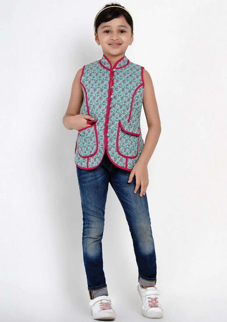 Green Printed Cotton Jacket - Indya