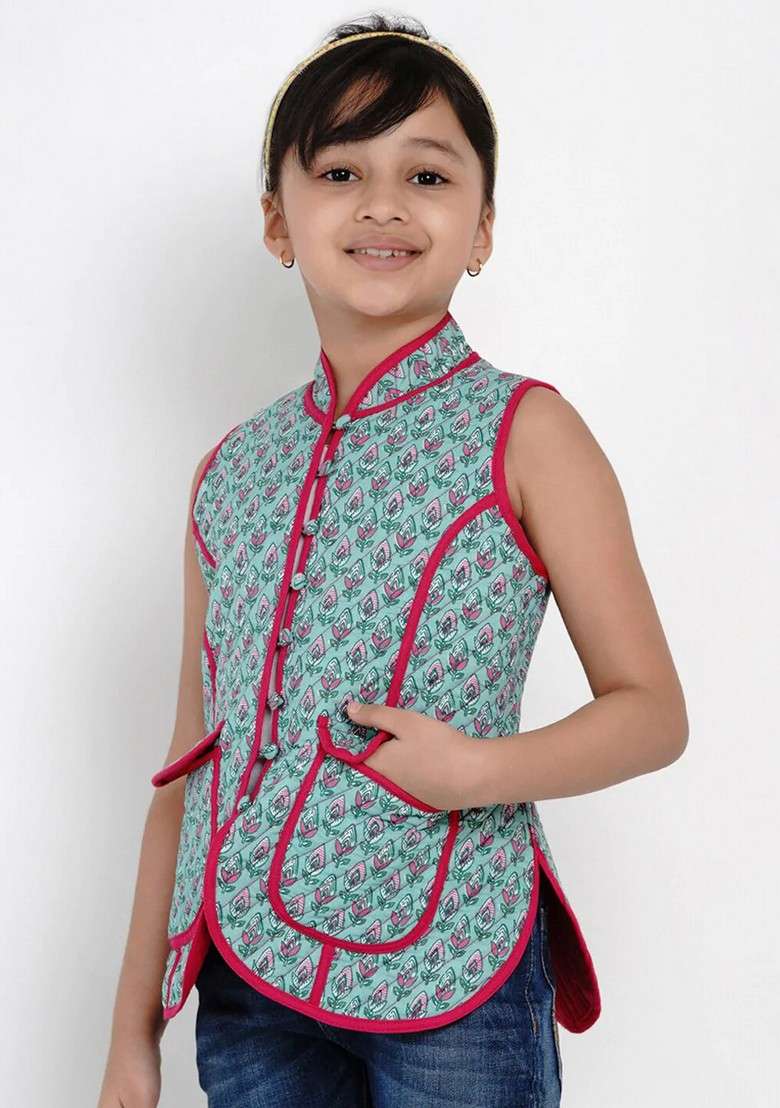 Green Printed Cotton Jacket - Indya