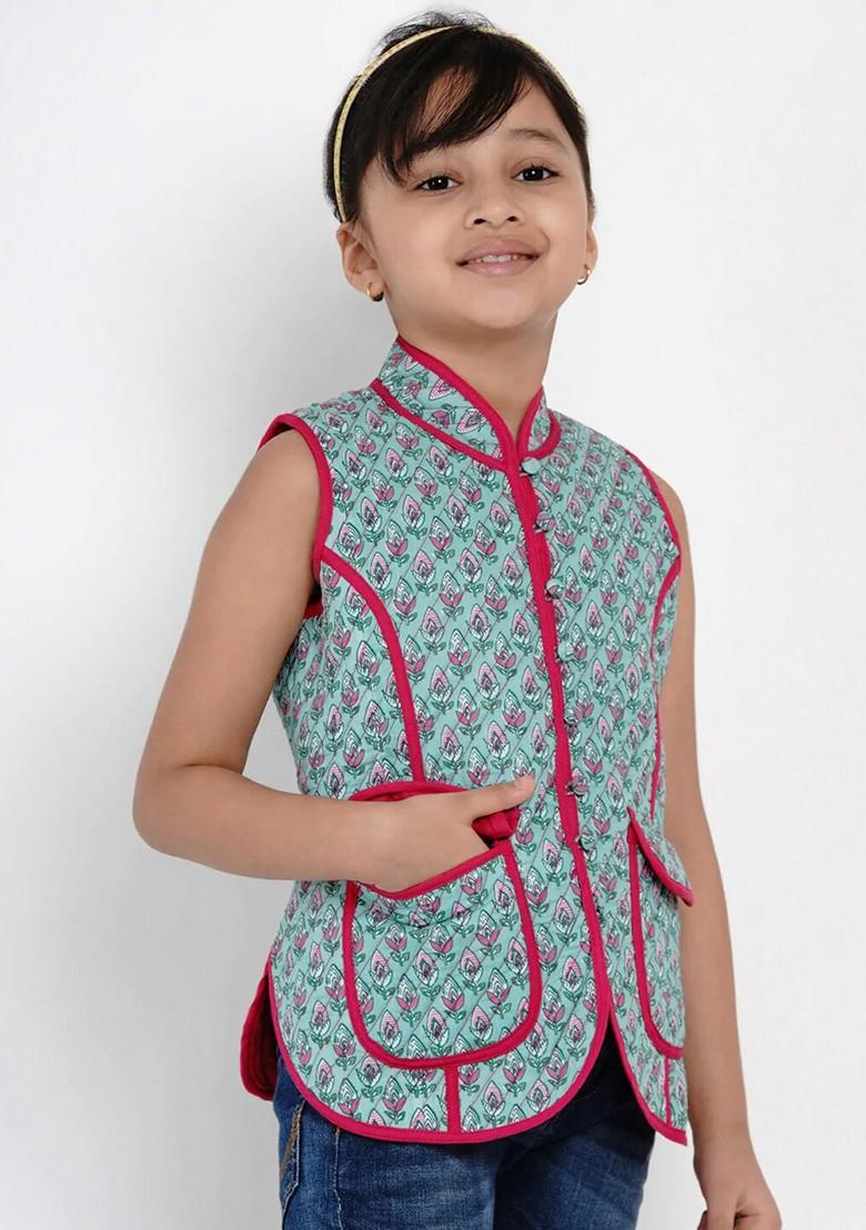 Green Printed Cotton Jacket - Indya