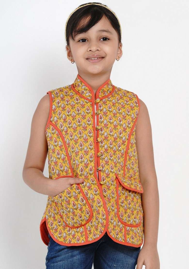 Mustard Printed Cotton Jacket - Indya
