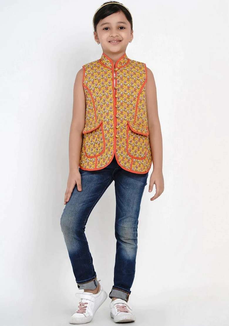 Mustard Printed Cotton Jacket - Indya