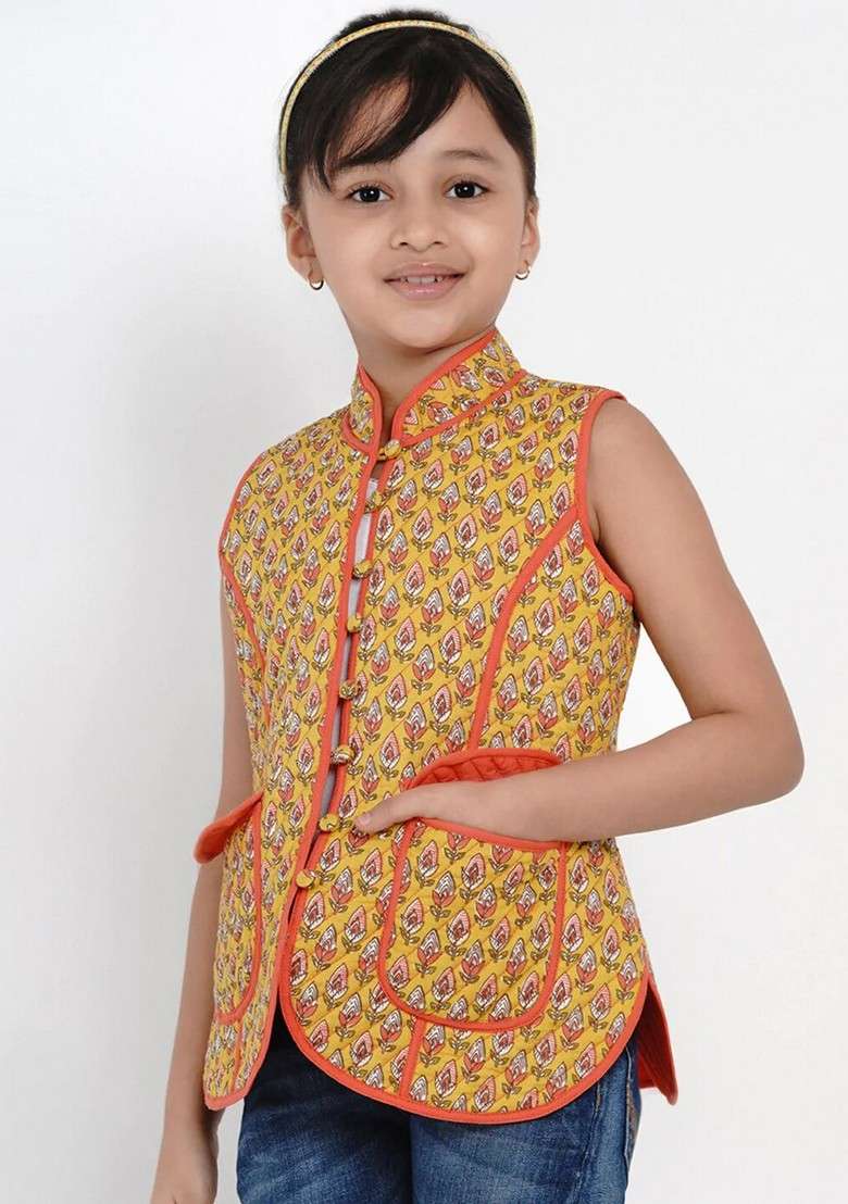 Mustard Printed Cotton Jacket - Indya