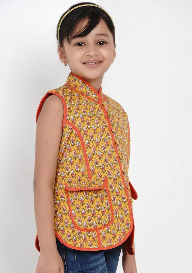 Mustard Printed Cotton Jacket - Indya