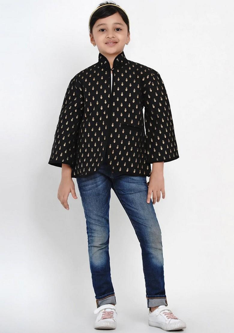 Black Printed Cotton Jacket - Indya