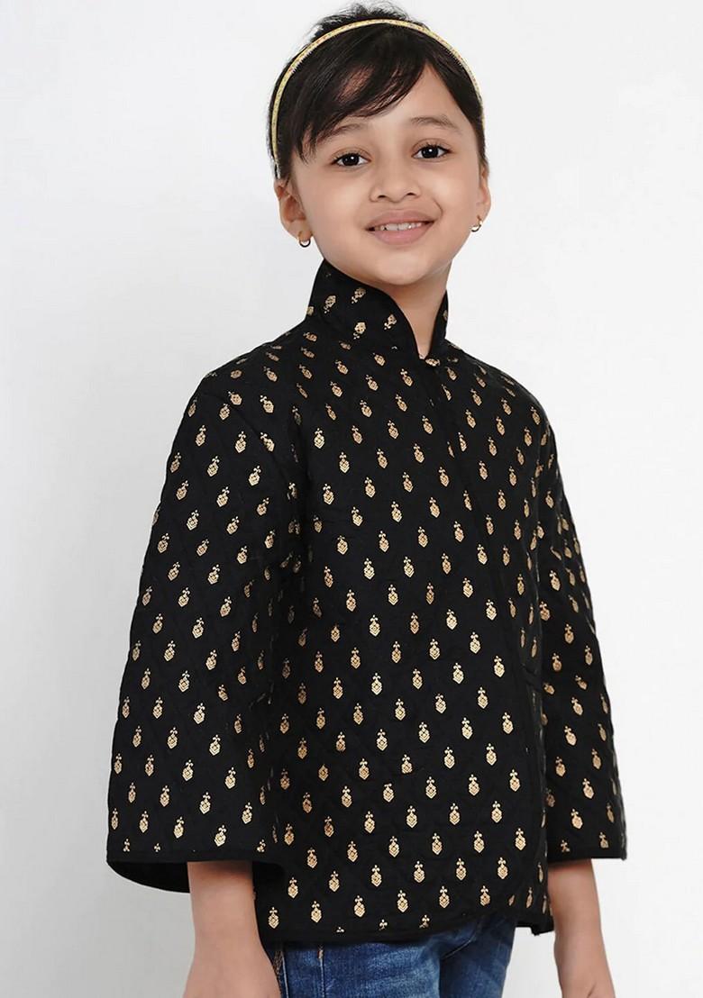 Black Printed Cotton Jacket - Indya