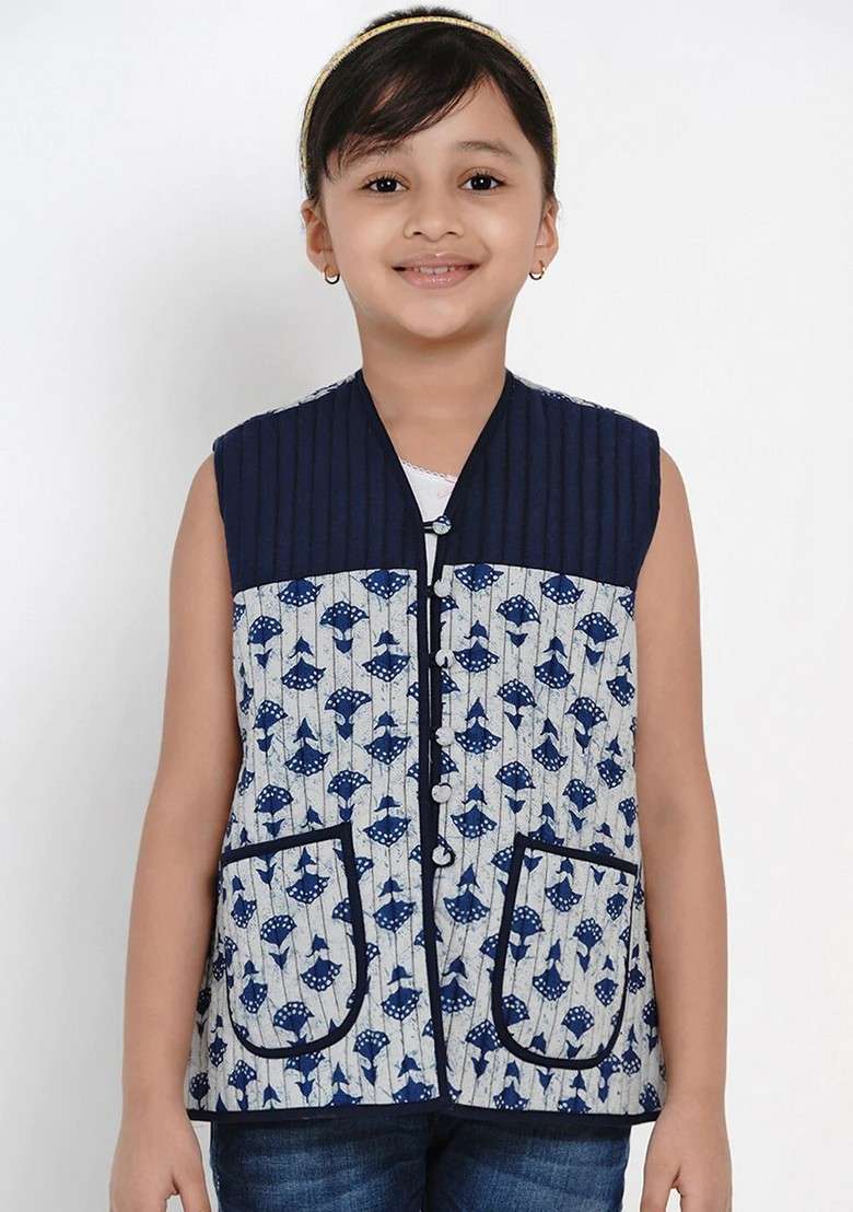 Blue Printed Cotton Jacket - Indya