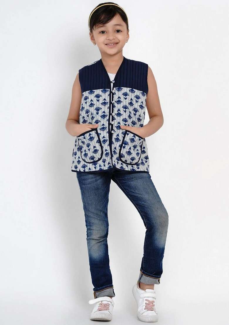 Blue Printed Cotton Jacket - Indya