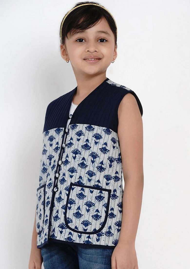 Blue Printed Cotton Jacket - Indya