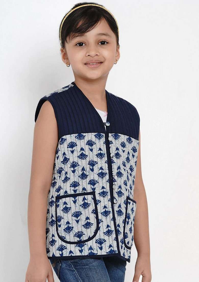 Blue Printed Cotton Jacket - Indya