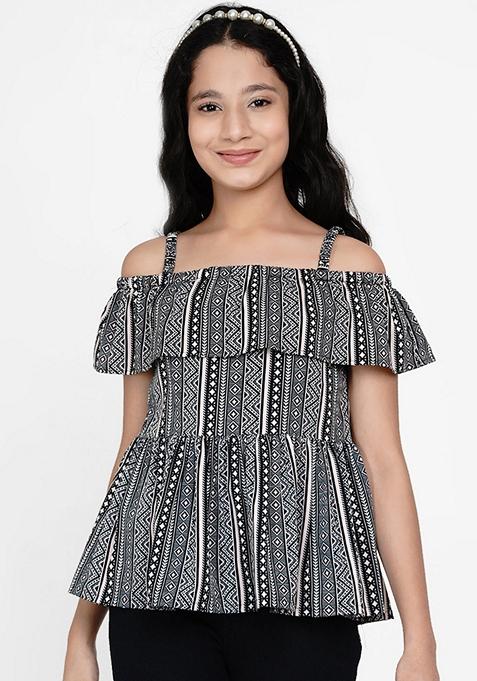 Black Printed Cotton Blend Top