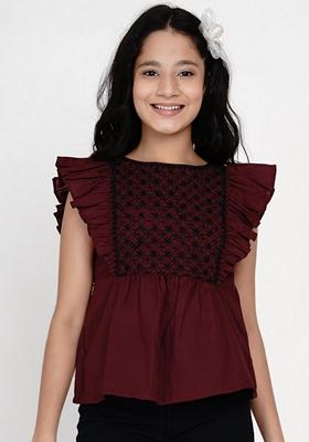 Maroon Embroidered Cotton Blend Top