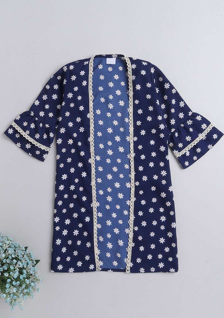 Blue Printed Polyester Shrug For Girls - Indya