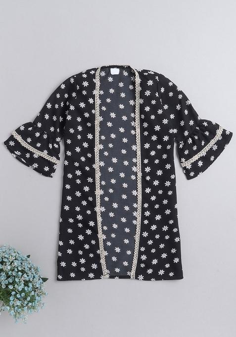 Black Printed Polyester Shrug For Girls