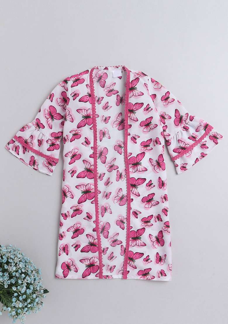 Pink Printed Polyester Shrug For Girls - Indya