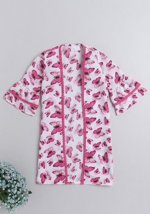 Pink Printed Polyester Shrug For Girls