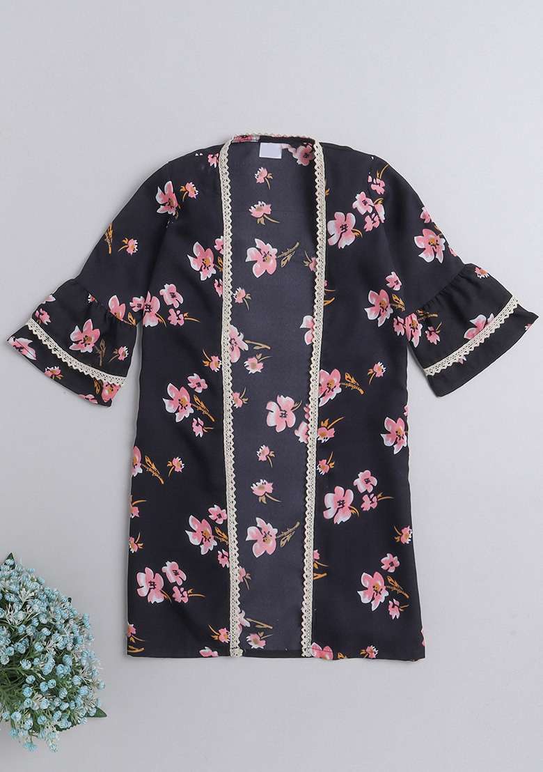 Blue Printed Polyester Shrug For Girls - Indya